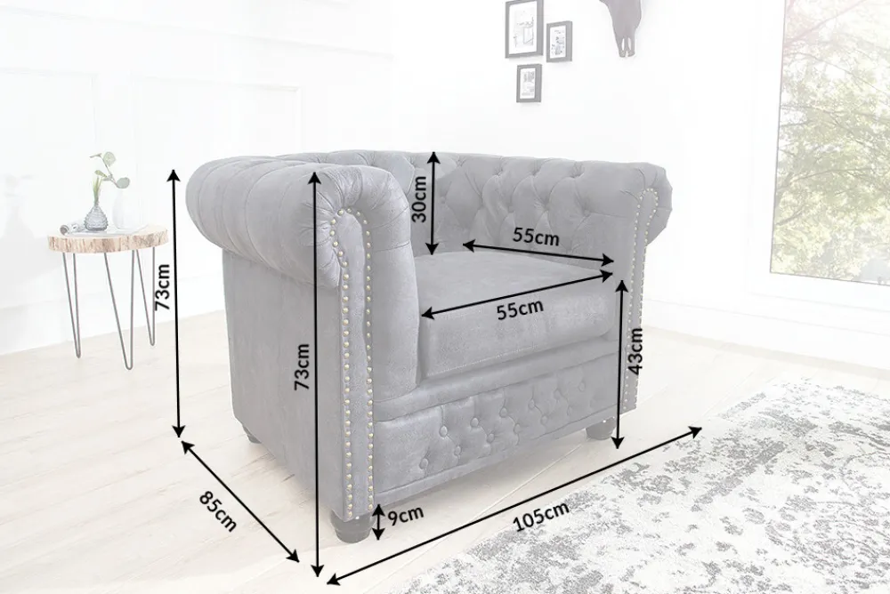 Riess-Ambiente Sessel > Chesterfield Sessel 105cm antik grau mit Knopfheftung und Federkern