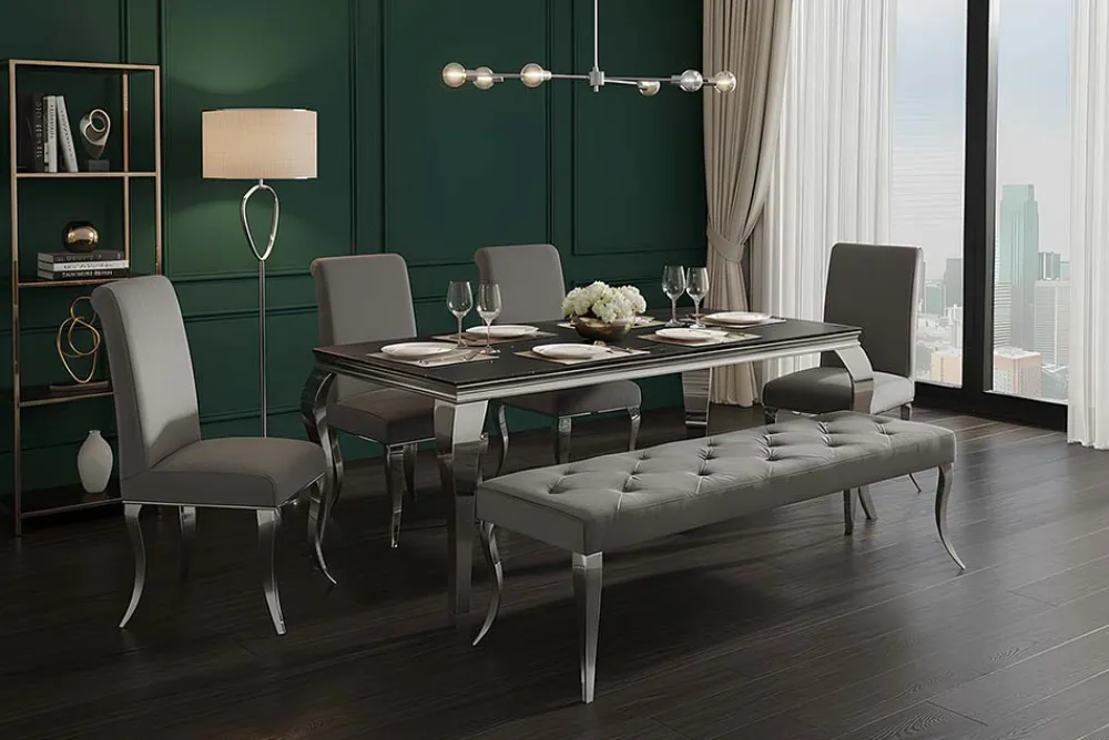 Riess-Ambiente Sitzbänke|Samt Möbel > Chesterfield Sitzbank MODERN BAROCK DELUXE 170cm grau Samt silber Edelstahl