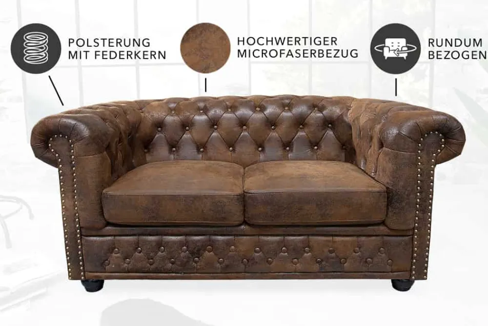 Riess-Ambiente 2-Sitzer Sofa > Chesterfield 2-Sitzer Sofa 150cm antik braun Microfaser Federkern Knopfheftung
