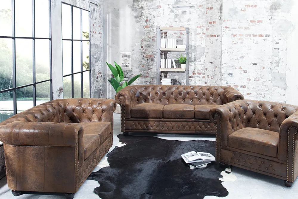 Riess-Ambiente 3-Sitzer Sofa > Chesterfield 3-Sitzer Sofa 205cm antik braun Microfaser Federkern Knopfheftung