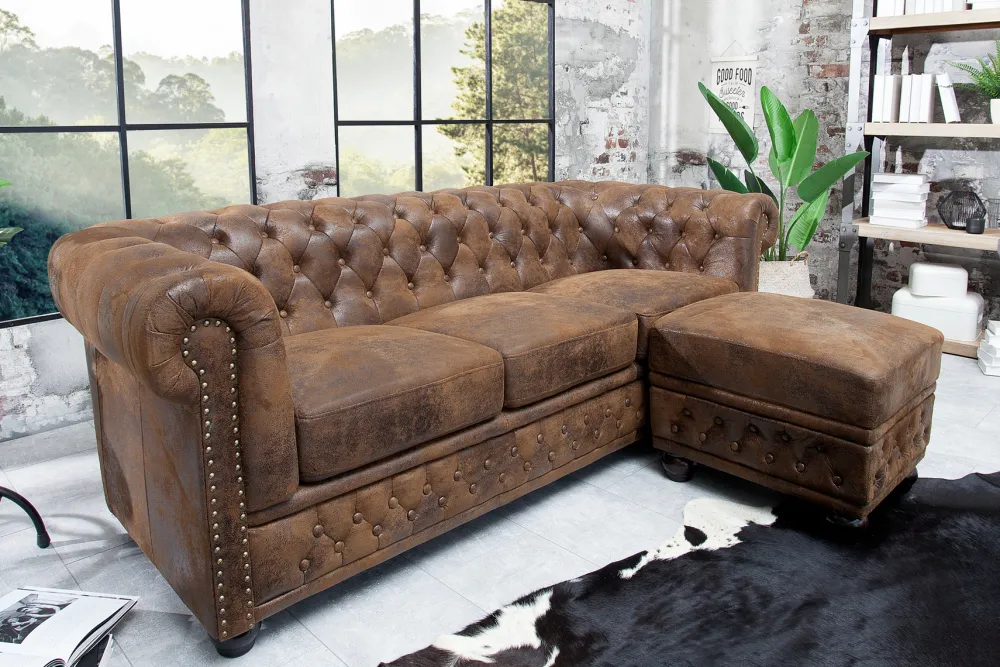 Riess-Ambiente 3-Sitzer Sofa > Chesterfield 3-Sitzer Sofa 205cm antik braun Microfaser Federkern Knopfheftung