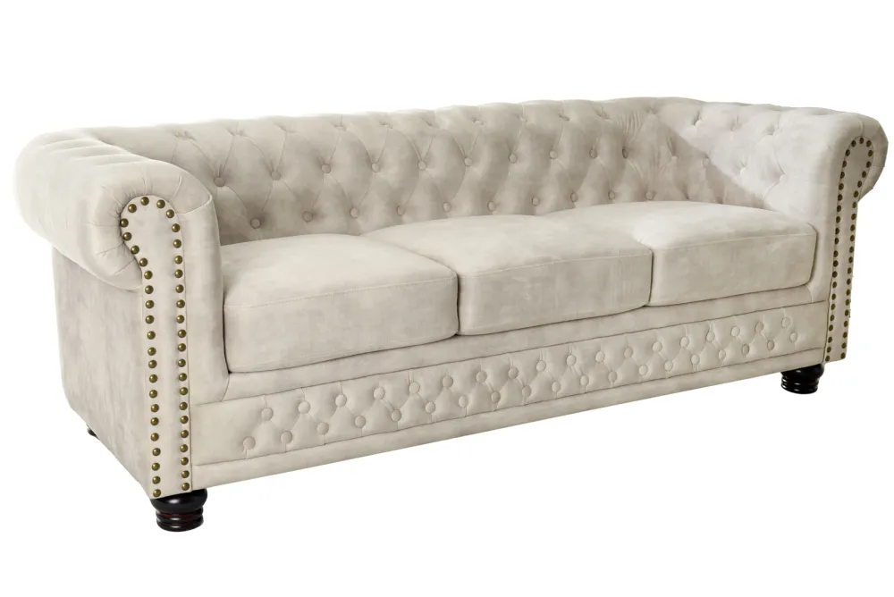 Riess-Ambiente Samt Möbel|3-Sitzer Sofa > Chesterfield 3-Sitzer Sofa 200cm champagner beige Samt Federkern Knopfheftung