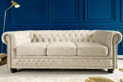 Riess-Ambiente Samt Möbel|3-Sitzer Sofa > Chesterfield 3-Sitzer Sofa 200cm champagner beige Samt Federkern Knopfheftung