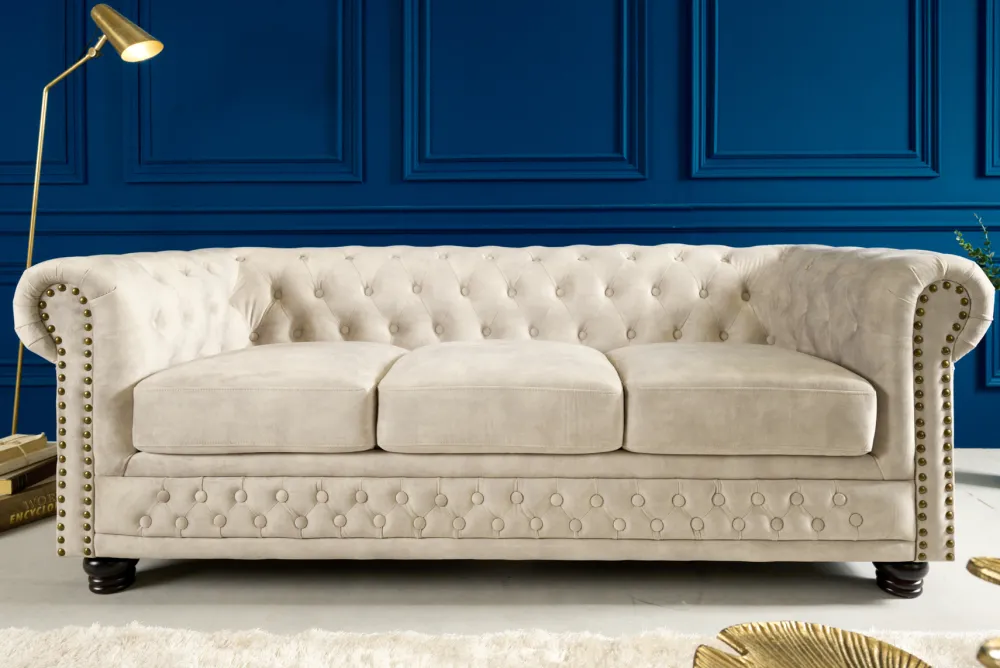 Riess-Ambiente Samt Möbel|3-Sitzer Sofa > Chesterfield 3-Sitzer Sofa 200cm champagner beige Samt Federkern Knopfheftung