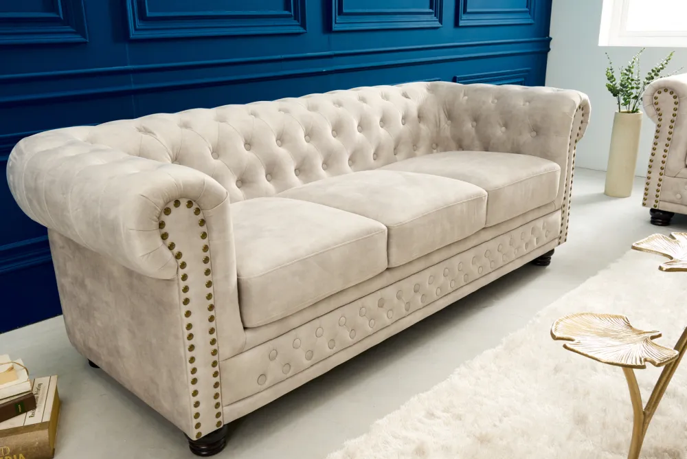 Riess-Ambiente Samt Möbel|3-Sitzer Sofa > Chesterfield 3-Sitzer Sofa 200cm champagner beige Samt Federkern Knopfheftung