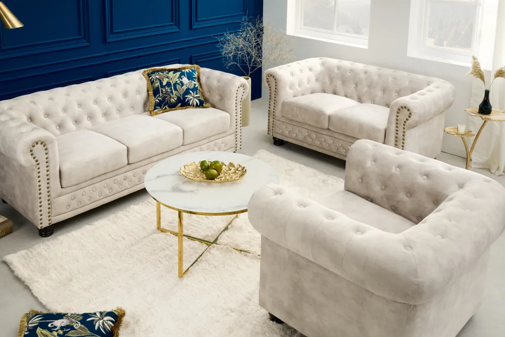 Riess-Ambiente Samt Möbel|3-Sitzer Sofa > Chesterfield 3-Sitzer Sofa 200cm champagner beige Samt Federkern Knopfheftung