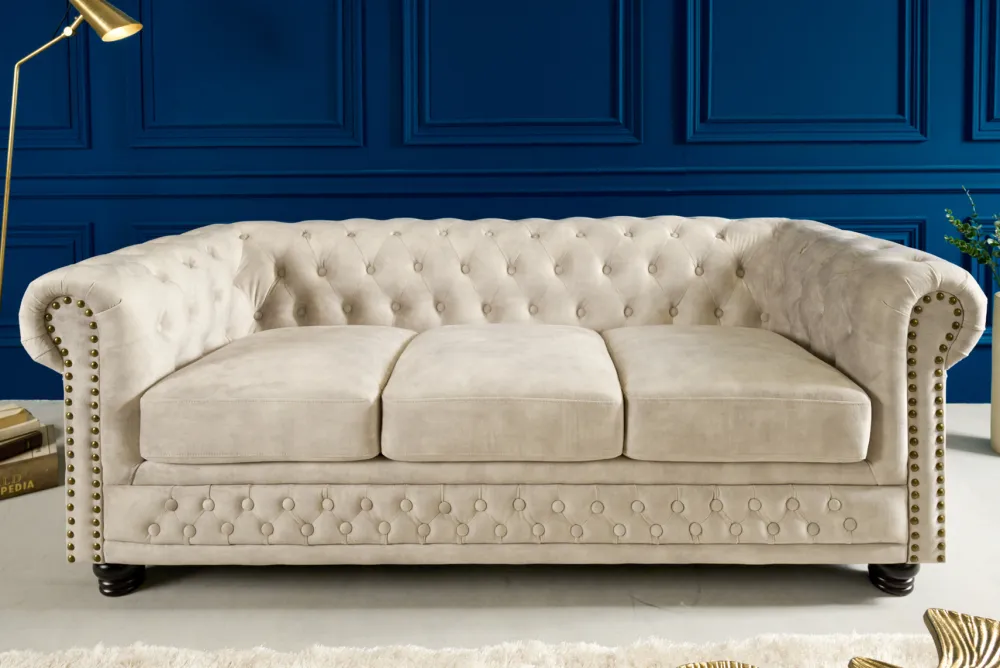Riess-Ambiente Samt Möbel|3-Sitzer Sofa > Chesterfield 3-Sitzer Sofa 200cm champagner beige Samt Federkern Knopfheftung