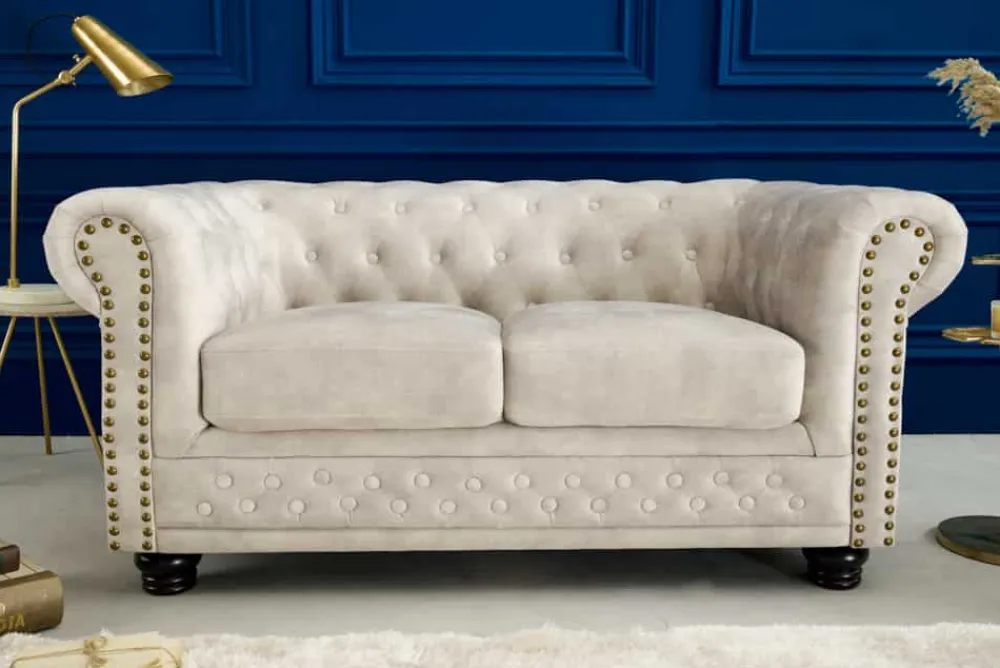 Riess-Ambiente 2-Sitzer Sofa|Samt Möbel > Chesterfield 2-Sitzer Sofa 150cm champagner beige Samt Federkern Knopfheftung