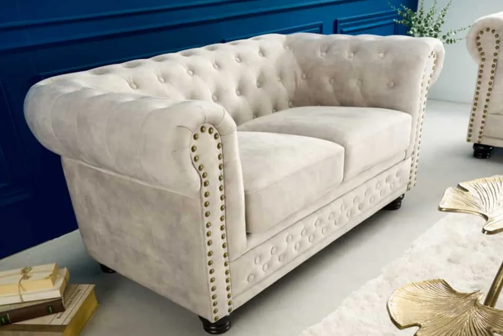 Riess-Ambiente 2-Sitzer Sofa|Samt Möbel > Chesterfield 2-Sitzer Sofa 150cm champagner beige Samt Federkern Knopfheftung