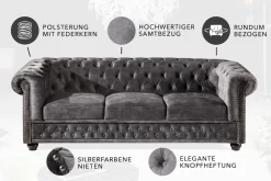 Riess-Ambiente Samt Möbel|3-Sitzer Sofa > Chesterfield 3-Sitzer Sofa 205cm grau Samt Federkern Knopfheftung