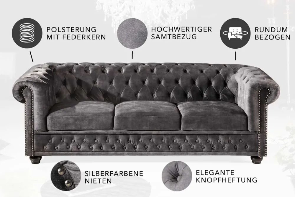 Riess-Ambiente Samt Möbel|3-Sitzer Sofa > Chesterfield 3-Sitzer Sofa 205cm grau Samt Federkern Knopfheftung