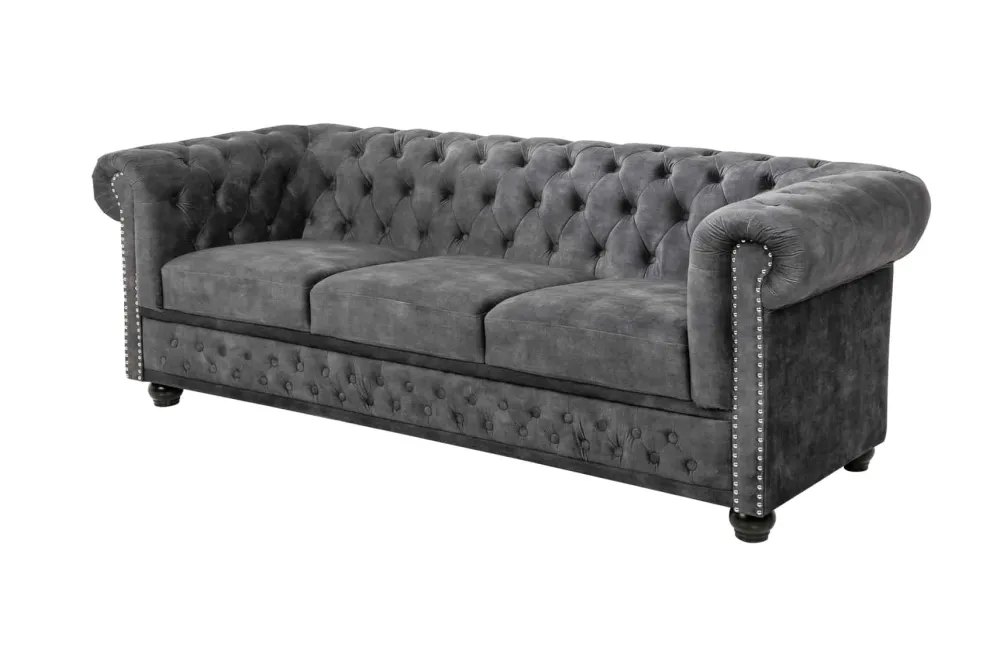 Riess-Ambiente Samt Möbel|3-Sitzer Sofa > Chesterfield 3-Sitzer Sofa 205cm grau Samt Federkern Knopfheftung