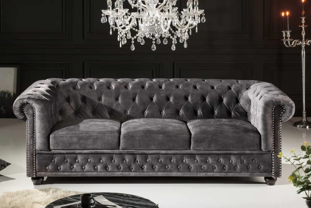 Riess-Ambiente Samt Möbel|3-Sitzer Sofa > Chesterfield 3-Sitzer Sofa 205cm grau Samt Federkern Knopfheftung