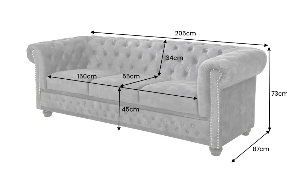 Riess-Ambiente Samt Möbel|3-Sitzer Sofa > Chesterfield 3-Sitzer Sofa 205cm grau Samt Federkern Knopfheftung