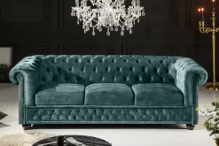 Riess-Ambiente Samt Möbel|3-Sitzer Sofa > Chesterfield 3-Sitzer Sofa 205cm petrol Samt Federkern Goldnieten Knopfheftung