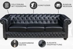 Riess-Ambiente 3-Sitzer Sofa > Chesterfield 3-Sitzer Sofa 205cm schwarz Nietenbesatz Federkern