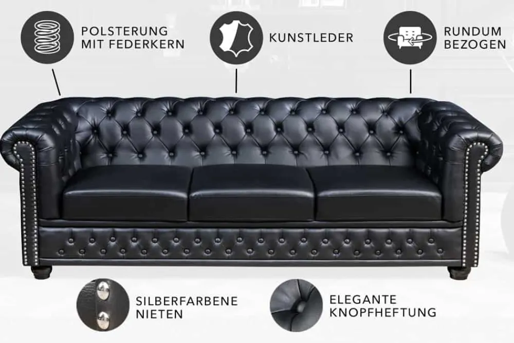 Riess-Ambiente 3-Sitzer Sofa > Chesterfield 3-Sitzer Sofa 205cm schwarz Nietenbesatz Federkern