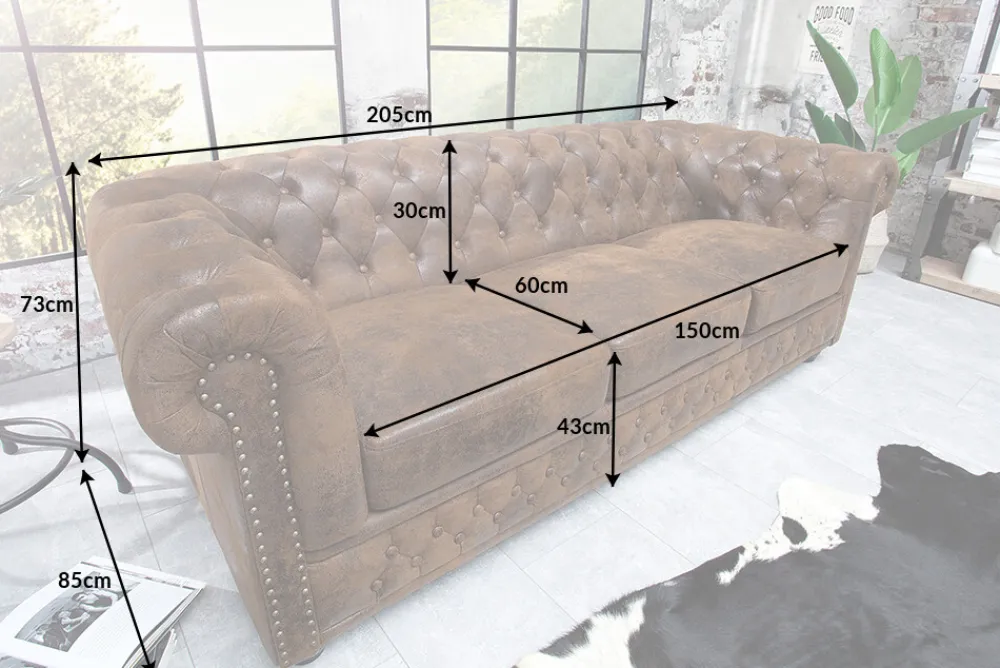 Riess-Ambiente 3-Sitzer Sofa > Chesterfield 3-Sitzer Sofa 205cm schwarz Nietenbesatz Federkern