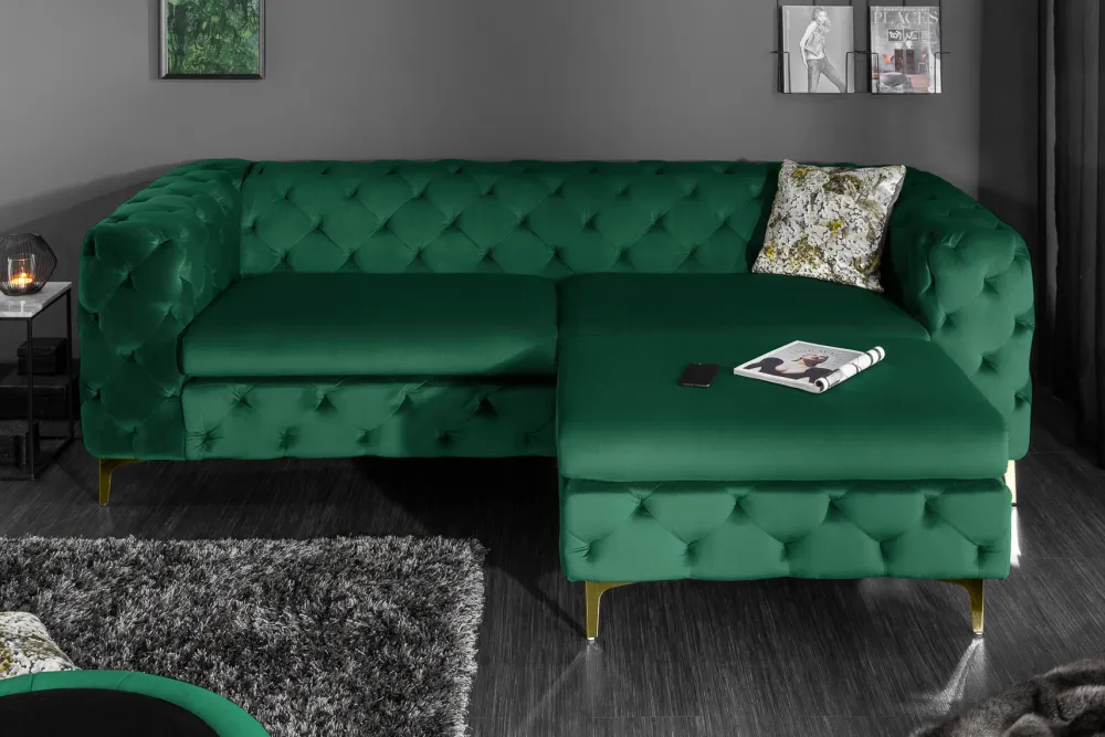 Riess-Ambiente Samt Möbel|3-Sitzer Sofa > Chesterfield 3-Sitzer Sofa MODERN BAROCK 235cm smaragdgrün Samt Federkern gold Metallfüße