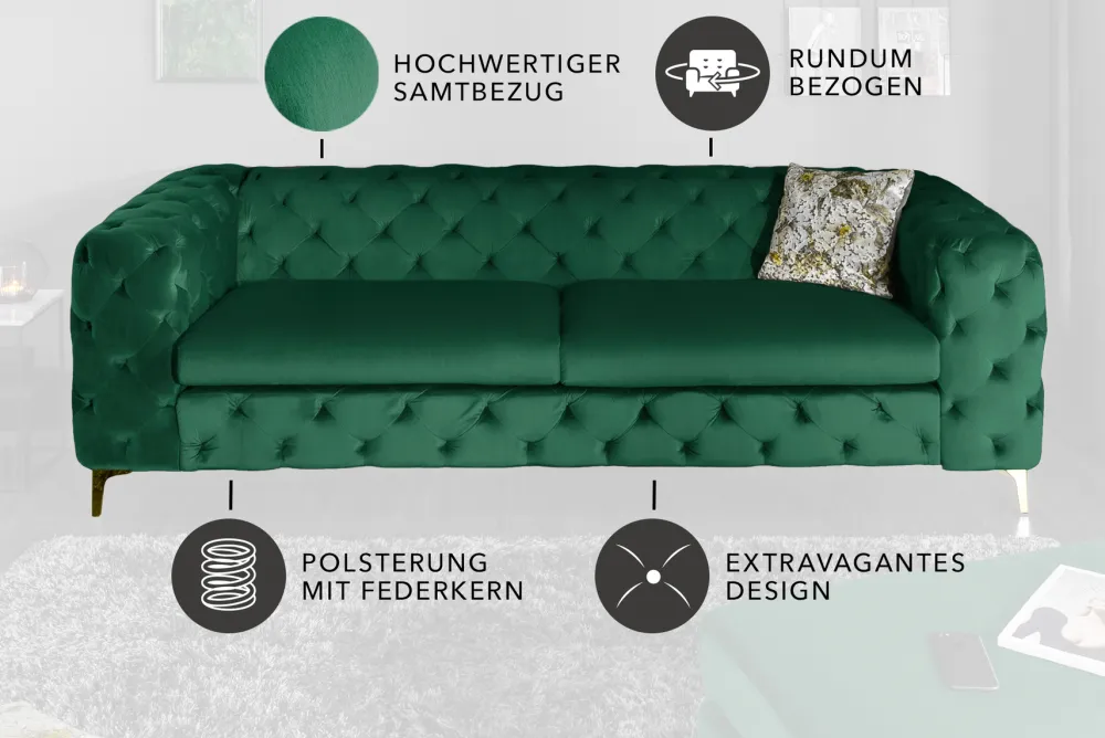 Riess-Ambiente Samt Möbel|3-Sitzer Sofa > Chesterfield 3-Sitzer Sofa MODERN BAROCK 235cm smaragdgrün Samt Federkern gold Metallfüße