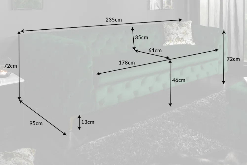 Riess-Ambiente Samt Möbel|3-Sitzer Sofa > Chesterfield 3-Sitzer Sofa MODERN BAROCK 235cm smaragdgrün Samt Federkern gold Metallfüße