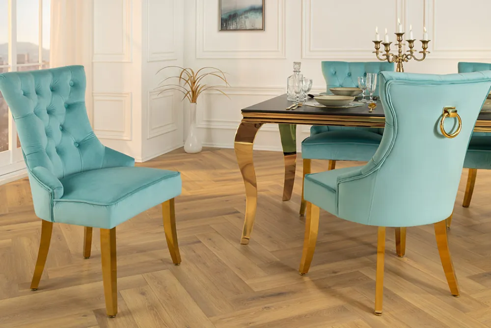 Riess-Ambiente Stühle|Samt Möbel > Chesterfield Stuhl CASTLE blau Samt goldene Edelstahlbeine mit Komfortgriff