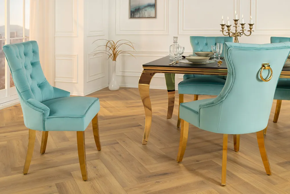 Riess-Ambiente Stühle|Samt Möbel > Chesterfield Stuhl CASTLE blau Samt goldene Edelstahlbeine mit Komfortgriff