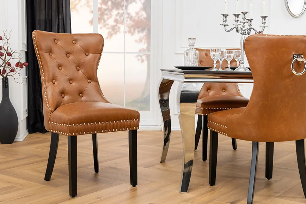 Riess-Ambiente Stühle > Chesterfield Stuhl CASTLE braun Kunstleder schwarz Massivholz mit Komfortgriff