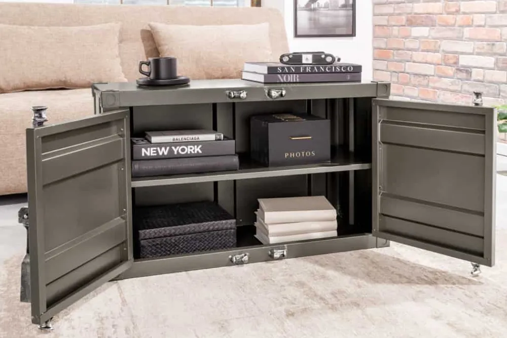 Riess-Ambiente Industrial Loft|Tv- & Lowboards > Container-Schrank GLOBETROTTER 80cm anthrazit Metall Couchtisch mit Flügeltüren Kommode