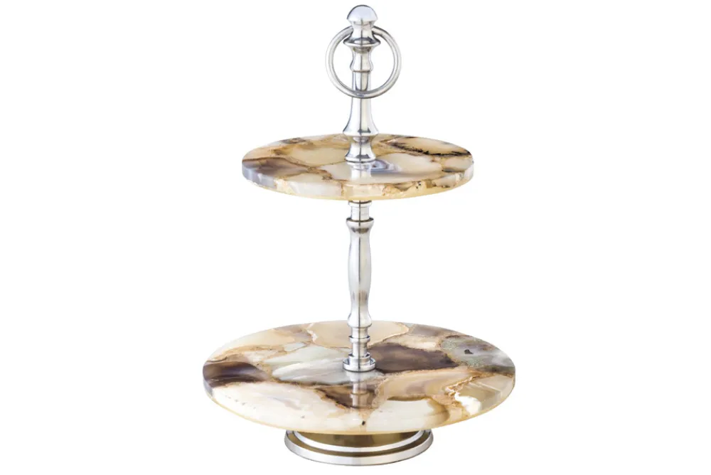 Riess-Ambiente Etageren & Tabletts > Deko Etagere NOBLE 35cm silber Edelstein handmade Achat Quarz Aluminium
