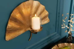 Riess-Ambiente Goldene Möbel|Kerzenständer > Dekorativer Kerzenhalter GINKGO 44cm gold handmade Metall Wandteelicht