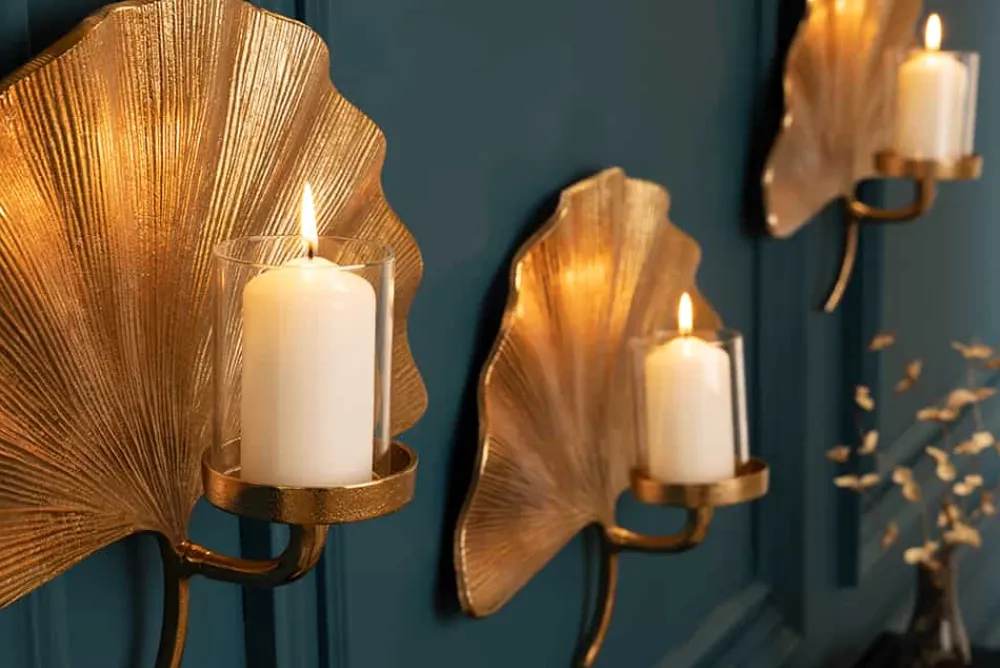 Riess-Ambiente Goldene Möbel|Kerzenständer > Dekorativer Kerzenhalter GINKGO 44cm gold handmade Metall Wandteelicht
