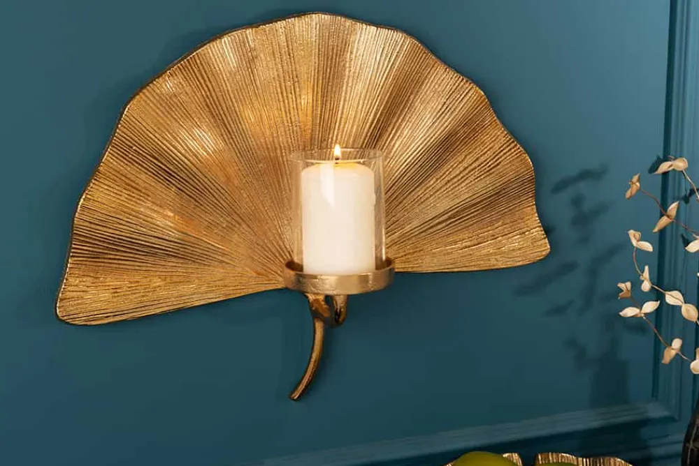 Riess-Ambiente Goldene Möbel|Kerzenständer > Dekorativer Kerzenhalter GINKGO 44cm gold handmade Metall Wandteelicht