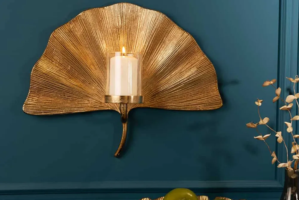 Riess-Ambiente Goldene Möbel|Kerzenständer > Dekorativer Kerzenhalter GINKGO 44cm gold handmade Metall Wandteelicht