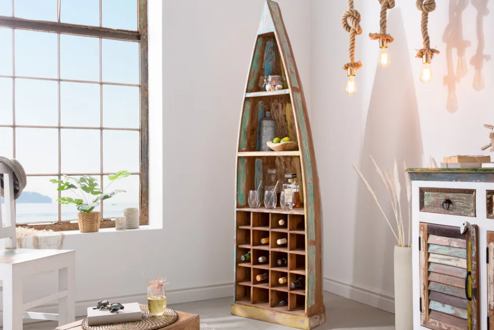 Riess-Ambiente Mehr...|Weinregale > Dekoratives Bootsregal JAKARTA 190cm bunt Massivholz aus recycelten Fischerbooten Weinregal