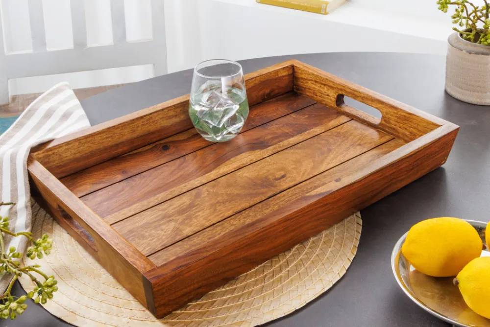 Riess-Ambiente Mehr...|Wohnaccessoires > Dekoratives Tablett MAKASSAR 45cm braun Sheesham Massivholz stone finish Servierbrett