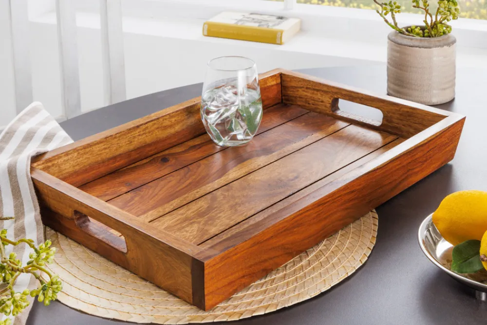 Riess-Ambiente Mehr...|Wohnaccessoires > Dekoratives Tablett MAKASSAR 45cm braun Sheesham Massivholz stone finish Servierbrett