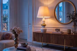 Riess-Ambiente Goldene Möbel|Retro Möbel > Dekorative Tischlampe STONES OF ZEN 70cm weiß gold mit Stoffschirm rund