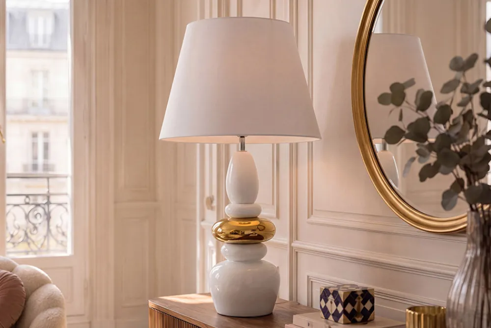 Riess-Ambiente Goldene Möbel|Retro Möbel > Dekorative Tischlampe STONES OF ZEN 70cm weiß gold mit Stoffschirm rund