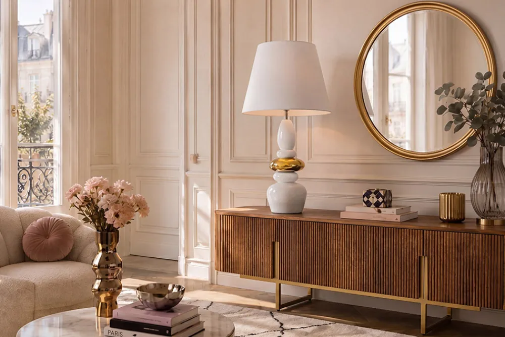 Riess-Ambiente Goldene Möbel|Retro Möbel > Dekorative Tischlampe STONES OF ZEN 70cm weiß gold mit Stoffschirm rund