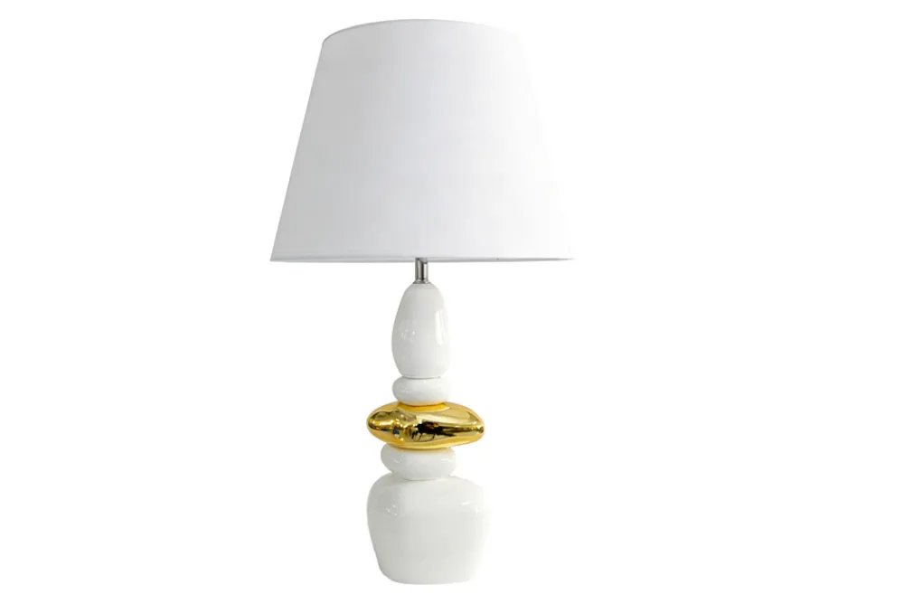 Riess-Ambiente Goldene Möbel|Retro Möbel > Dekorative Tischlampe STONES OF ZEN 70cm weiß gold mit Stoffschirm rund