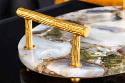 Riess-Ambiente Goldene Möbel|Etageren & Tabletts > Deko Serviertablett NOBLE 40cm Edelstein handmade Achat Quarz Goldgriffe