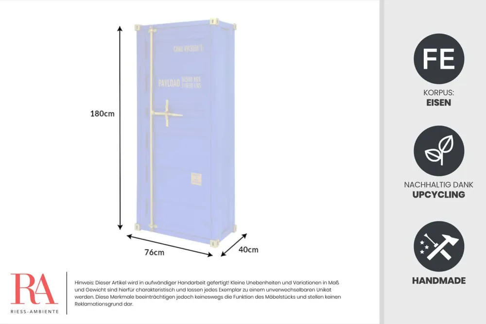 Riess-Ambiente Highboards|Industrial Loft > Design Aktenschrank GLOBETROTTER 180cm blau Eisen Container Upcycling Industrial
