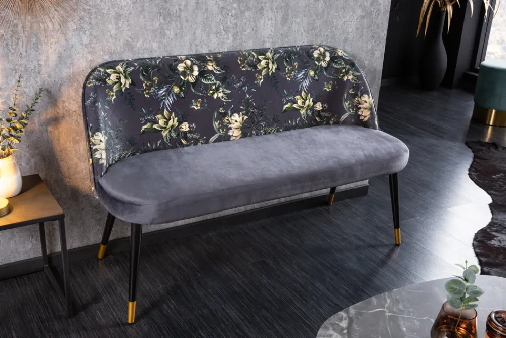 Riess-Ambiente Sitzbänke|Retro Möbel > Design Bank PRÊT-À-PORTER grau Samt florales Muster und goldene Fußkappen