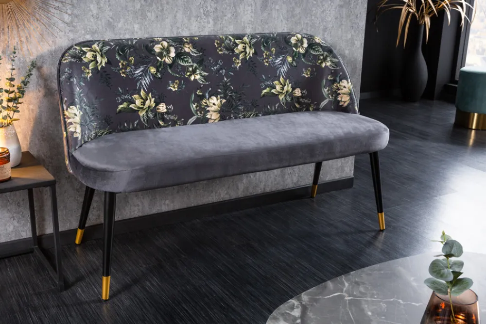 Riess-Ambiente Sitzbänke|Retro Möbel > Design Bank PRÊT-À-PORTER grau Samt florales Muster und goldene Fußkappen