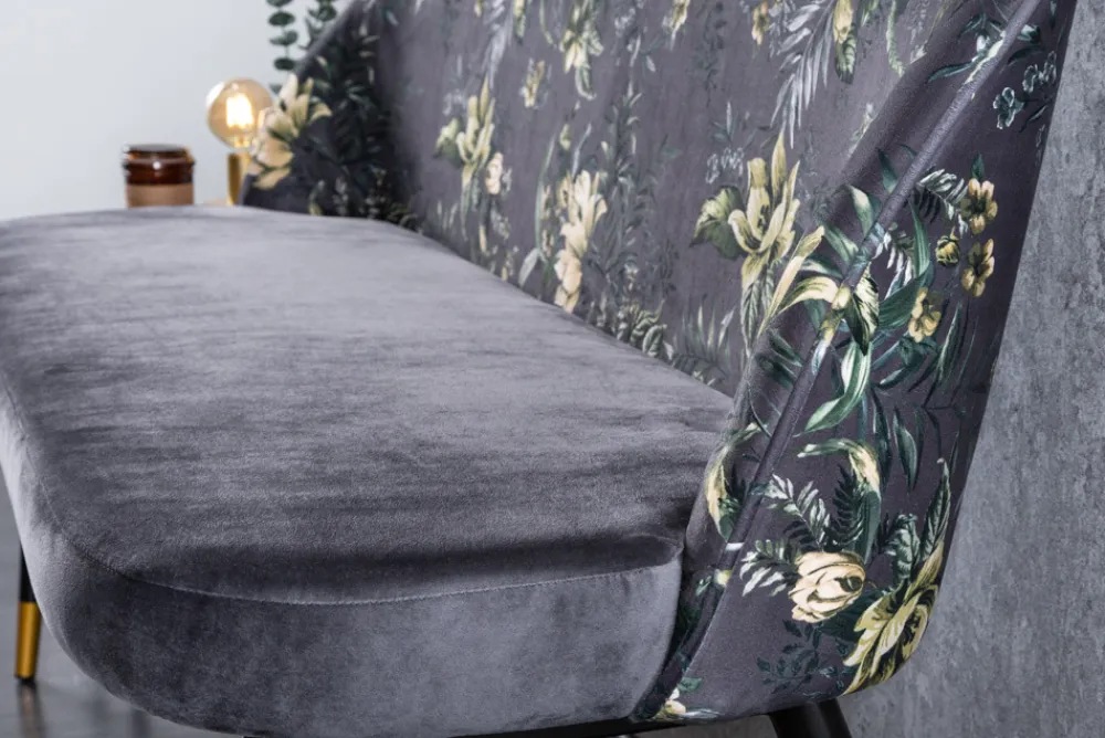 Riess-Ambiente Sitzbänke|Retro Möbel > Design Bank PRÊT-À-PORTER grau Samt florales Muster und goldene Fußkappen