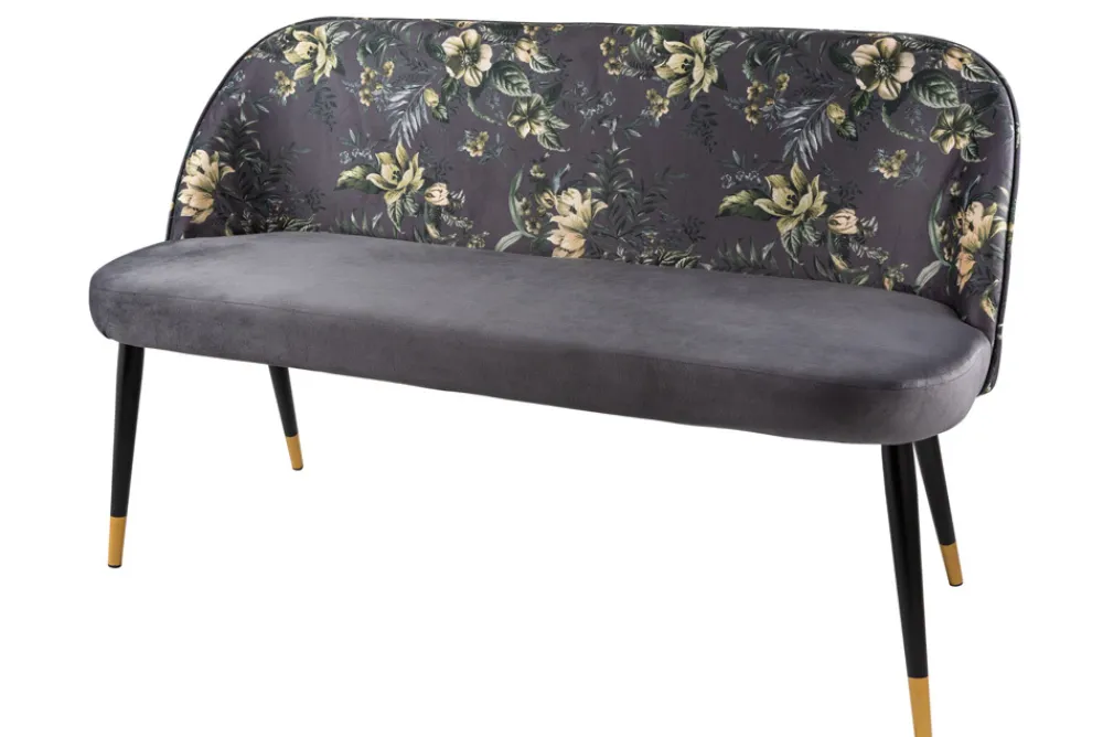 Riess-Ambiente Sitzbänke|Retro Möbel > Design Bank PRÊT-À-PORTER grau Samt florales Muster und goldene Fußkappen