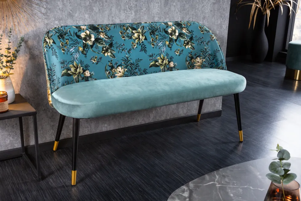 Riess-Ambiente Sitzbänke|Retro Möbel > Design Bank PRÊT-À-PORTER türkis Samt florales Muster und goldene Fußkappen