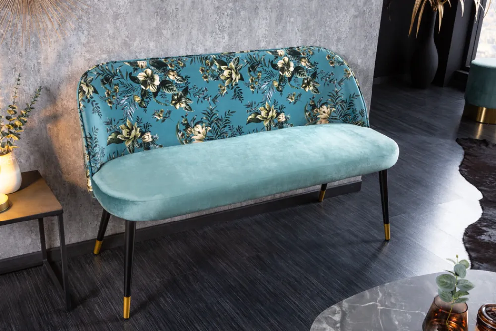 Riess-Ambiente Sitzbänke|Retro Möbel > Design Bank PRÊT-À-PORTER türkis Samt florales Muster und goldene Fußkappen