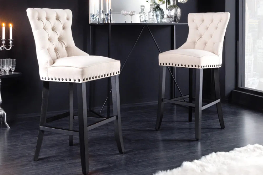 Riess-Ambiente Barhocker > Design Barhocker CASTLE beige schwarz Strukturstoff mit Lehne Holz Chesterfield